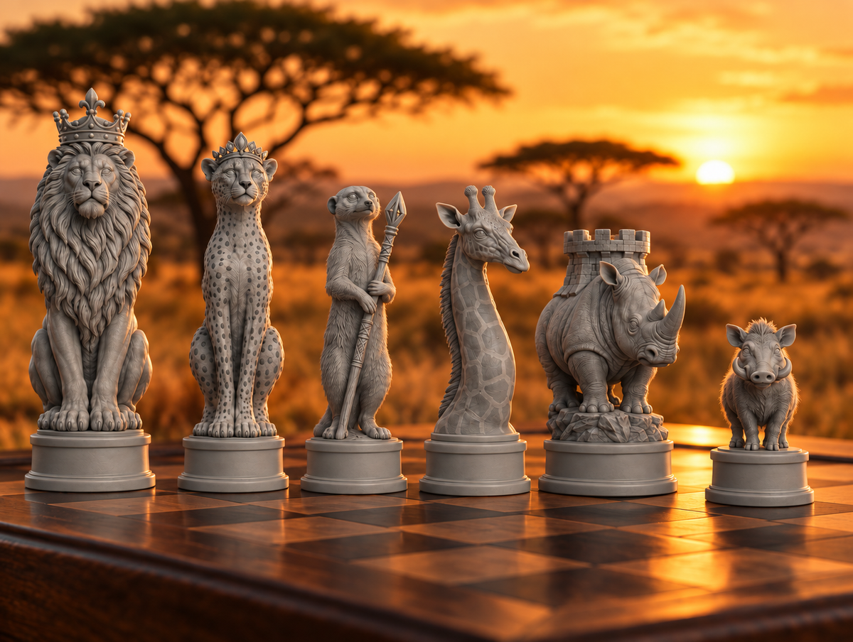 Afrikanische Savanne Schachset STL - 6 Figuren für 3D-Druck – Ansicht 1