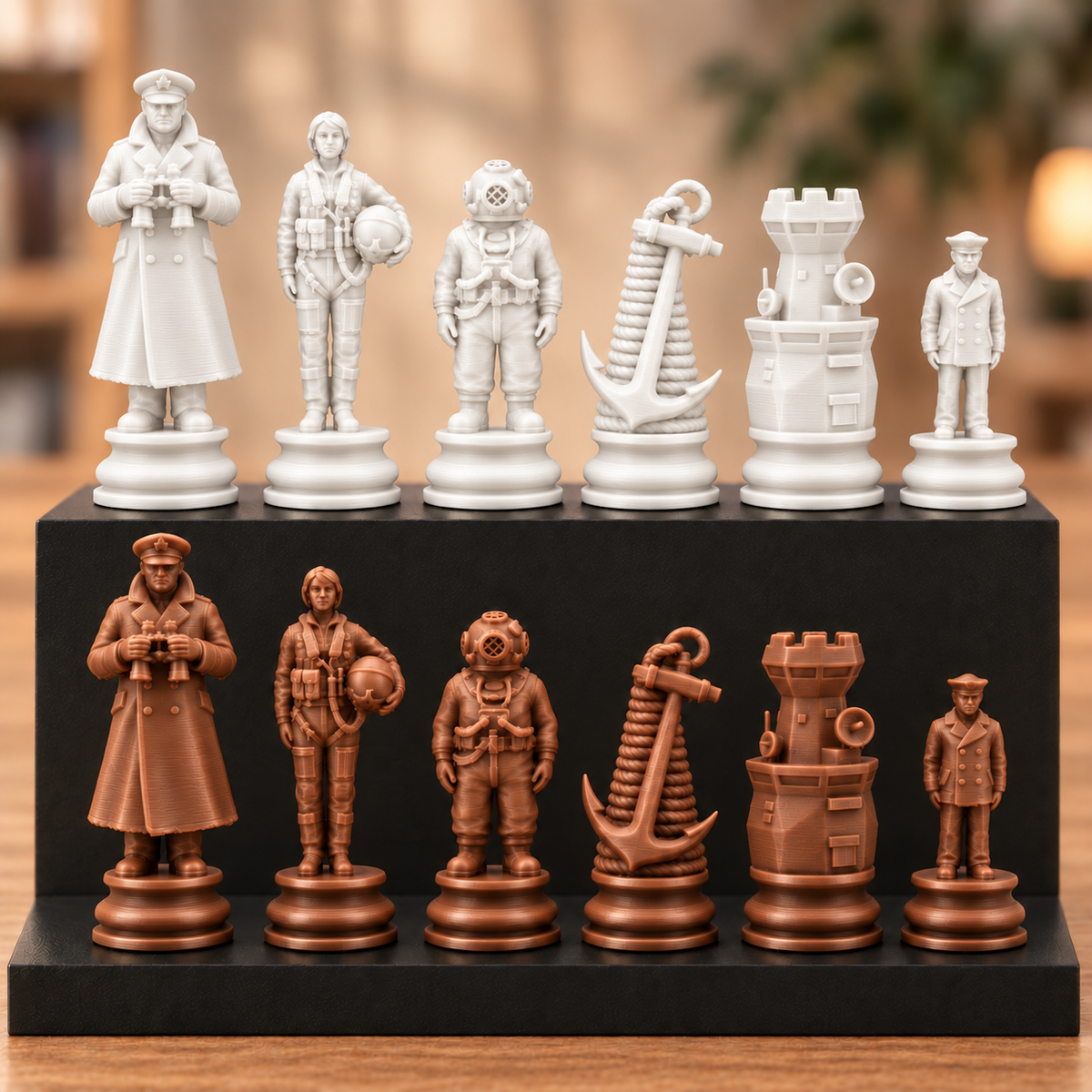 Marine-Schachfigurenset – 32 Figuren mit Kapitän, Taucher und Anker – Ansicht 13