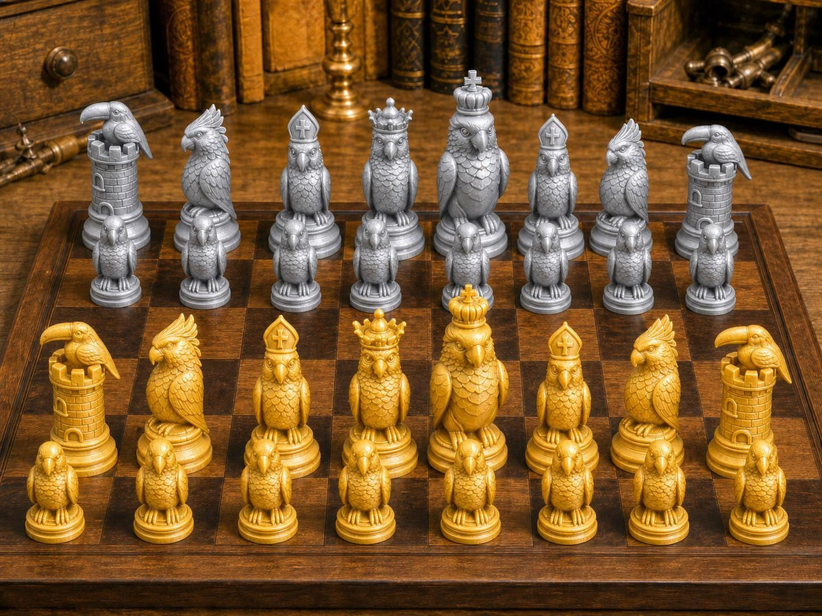 Exotische Vögel – komplettes 32-teiliges Schachfigurenset – Ansicht 4