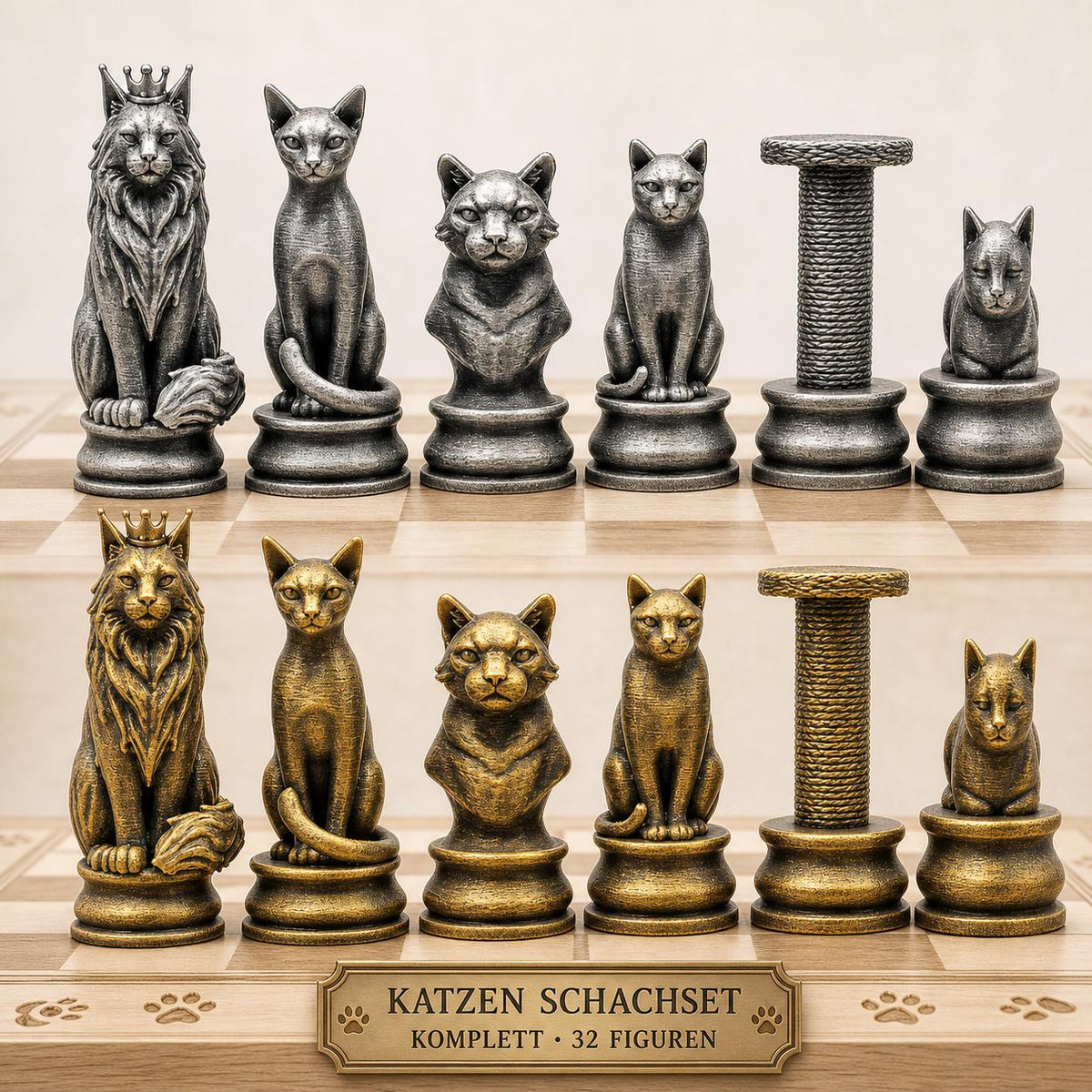 Katzen-Schachfigurenset – komplettes 32-teiliges Schachset – Ansicht 1