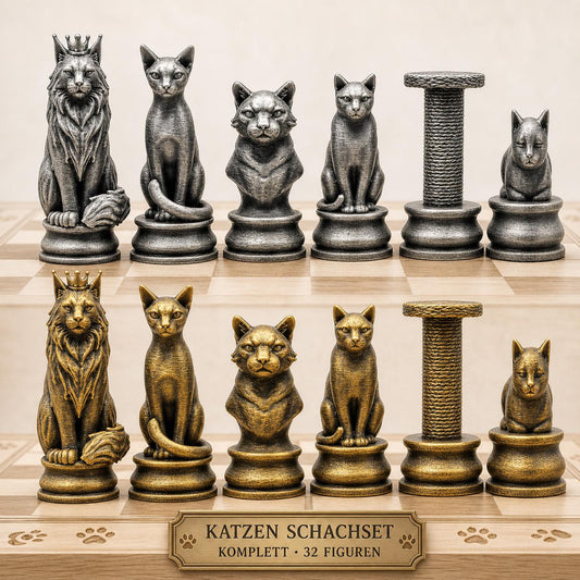 Katzen-Schachfigurenset – komplettes 32-teiliges Schachset – Ansicht 1