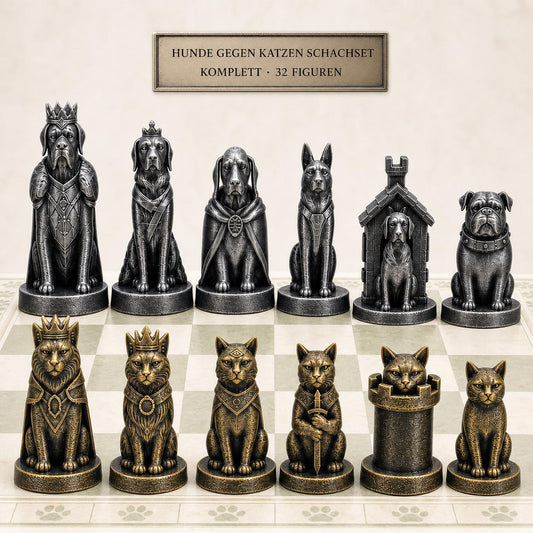 Hunde-gegen-Katzen-Schachfigurenset – komplettes 32-teiliges Schachset – Ansicht 1