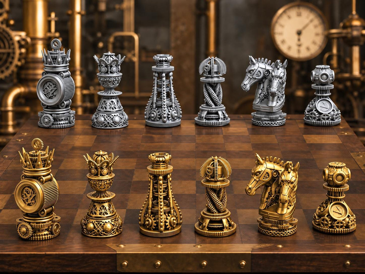 Steampunk-Zahnrad-Schachfigurenset – komplett 32-teilig – Ansicht 1