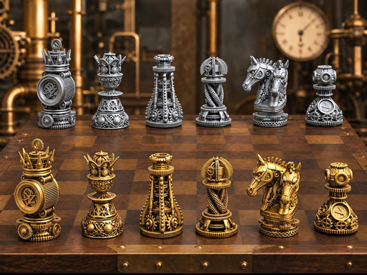 Steampunk-Zahnrad-Schachfigurenset – komplett 32-teilig – Ansicht 1