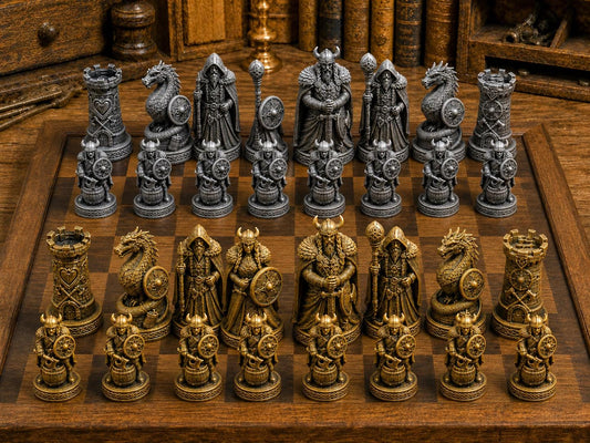 Wikinger-Drachensaga – komplettes 32-teiliges Schachfigurenset – Ansicht 1