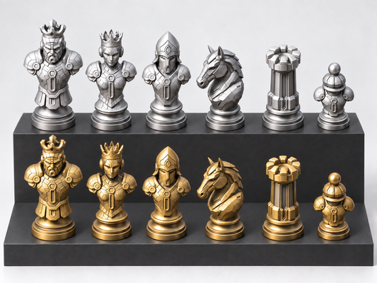 Cyber 3 Schachfigurenset mit 32 Figuren – futuristische Rüstungsbüsten, 3 Größen, gedruckt oder von Hand bemalt – Ansicht 1