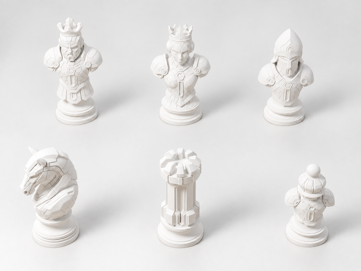 Cyber 3 Schachfigurenset mit 32 Figuren – futuristische Rüstungsbüsten, 3 Größen, gedruckt oder von Hand bemalt – Ansicht 2