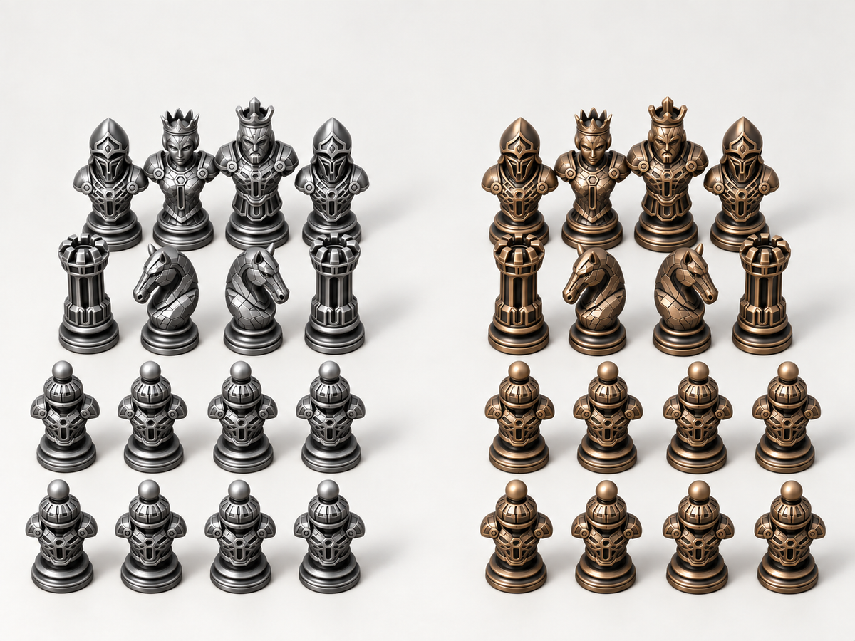 Cyber 3 Schachfigurenset mit 32 Figuren – futuristische Rüstungsbüsten, 3 Größen, gedruckt oder von Hand bemalt – Ansicht 3