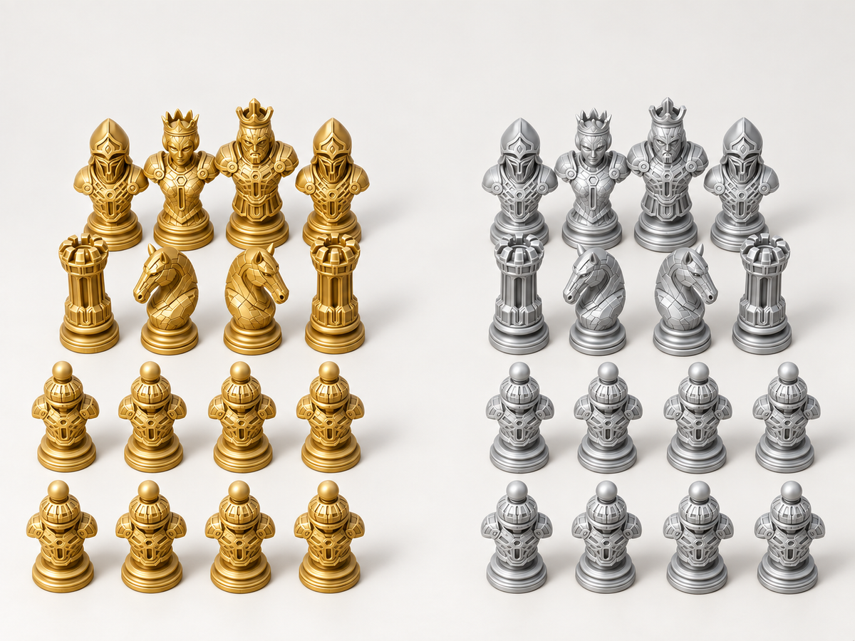 Cyber 3 Schachfigurenset mit 32 Figuren – futuristische Rüstungsbüsten, 3 Größen, gedruckt oder von Hand bemalt – Ansicht 4