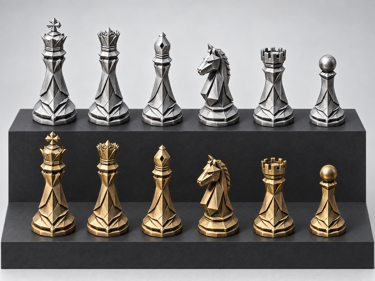 Origami Realm – geometrisches Schachfigurenset mit 32 Figuren – Ansicht 1