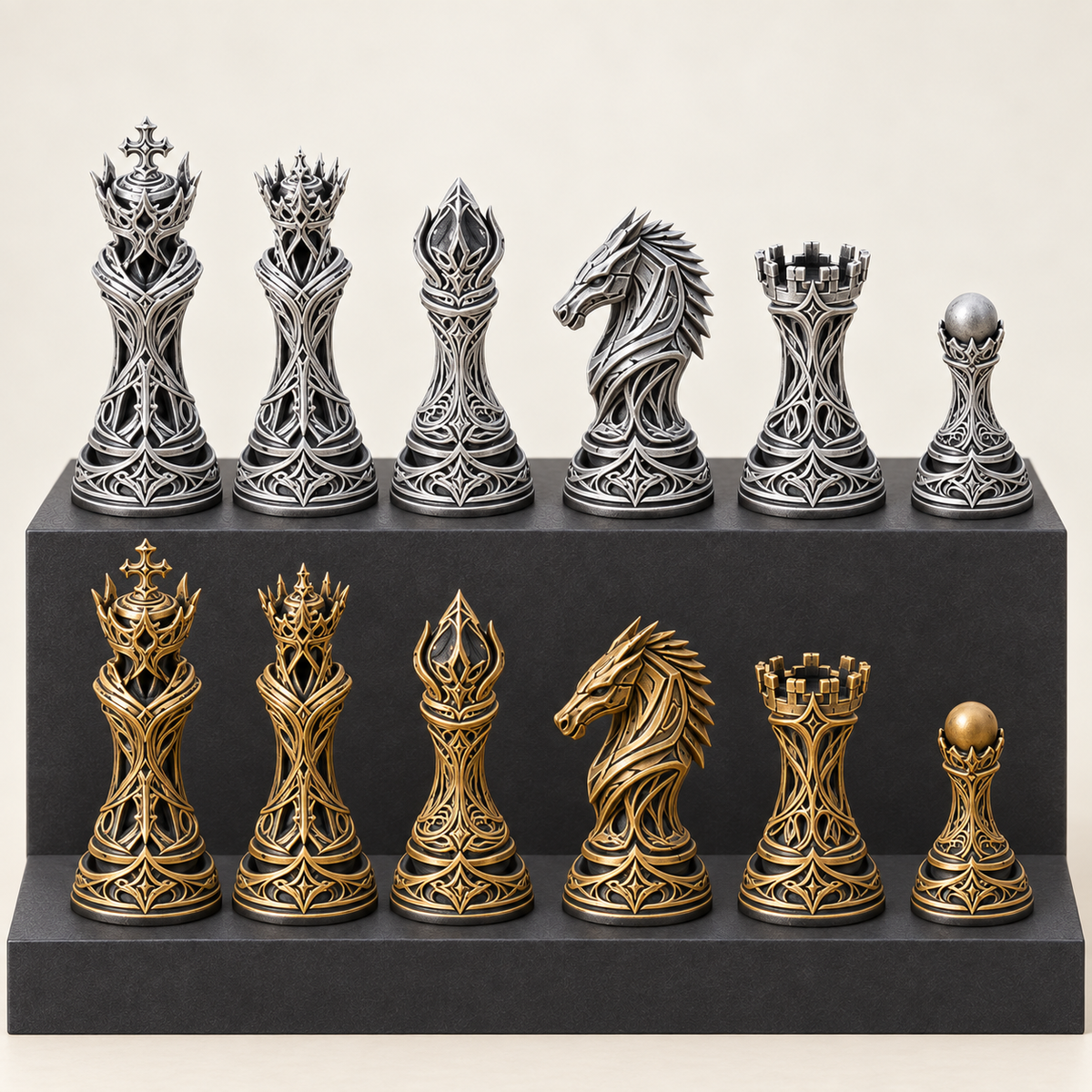 Ornate Eclipse – gotisches Fantasy-Schachfigurenset mit 32 Figuren – Ansicht 1