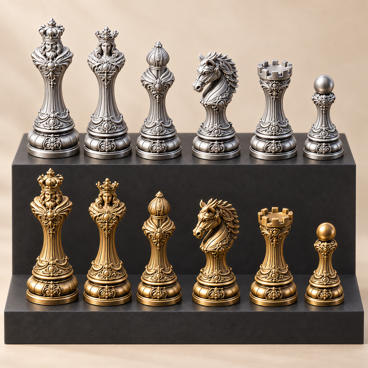 The Aureate Ivory Empire – barockes Schachfigurenset mit 32 Figuren – Ansicht 1