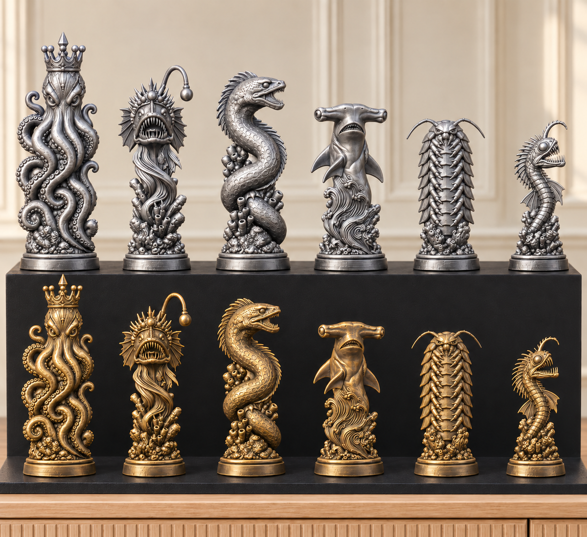 Tiefsee-Monster – thematisches Schachfigurenset mit 32 Figuren – Ansicht 2