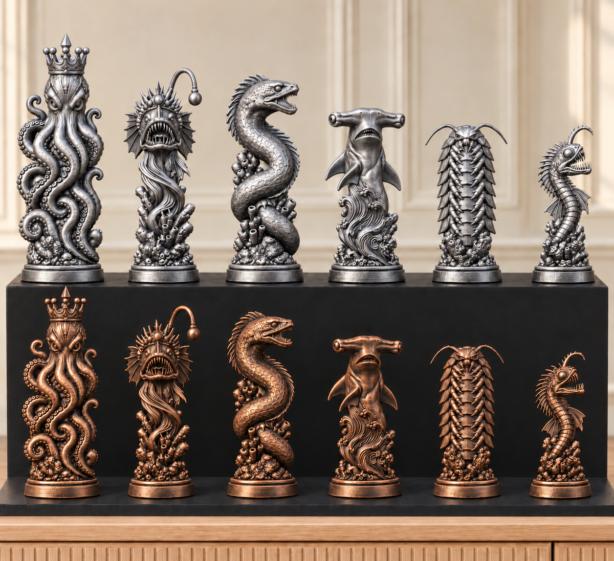 Tiefsee-Monster – thematisches Schachfigurenset mit 32 Figuren – Ansicht 3