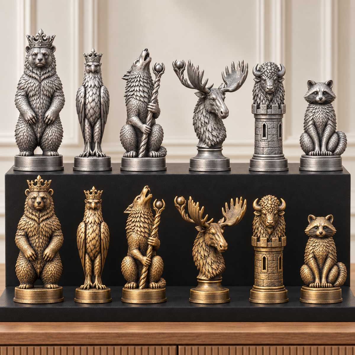 Nordamerikanische Wildtiere – thematisches Schachfigurenset mit 32 Figuren – Ansicht 2