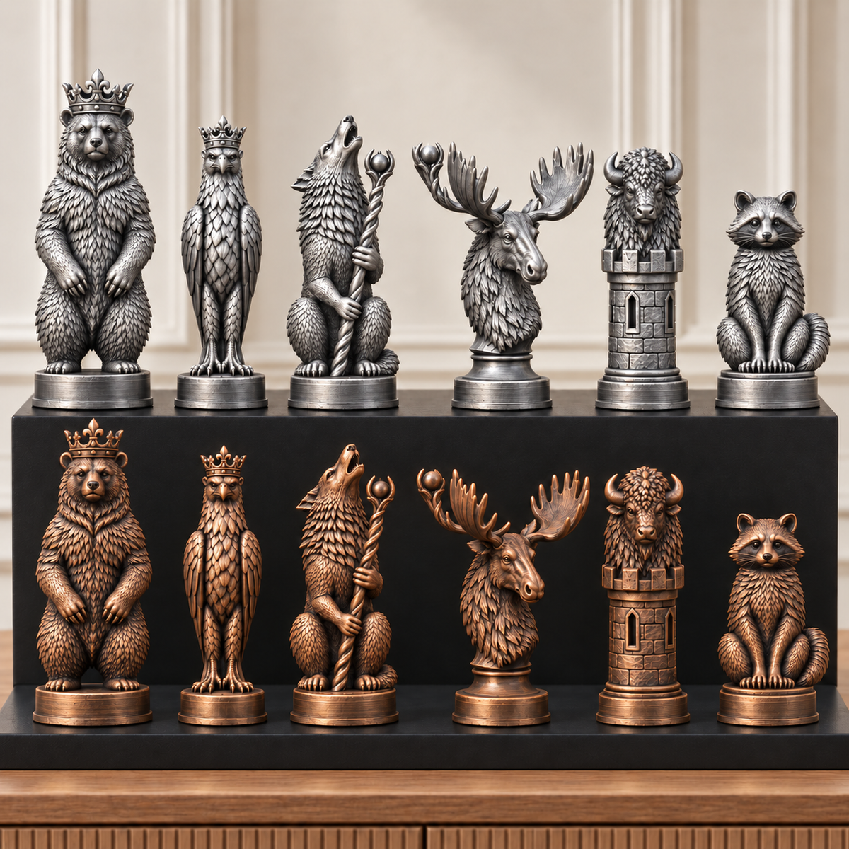 Nordamerikanische Wildtiere – thematisches Schachfigurenset mit 32 Figuren – Ansicht 3