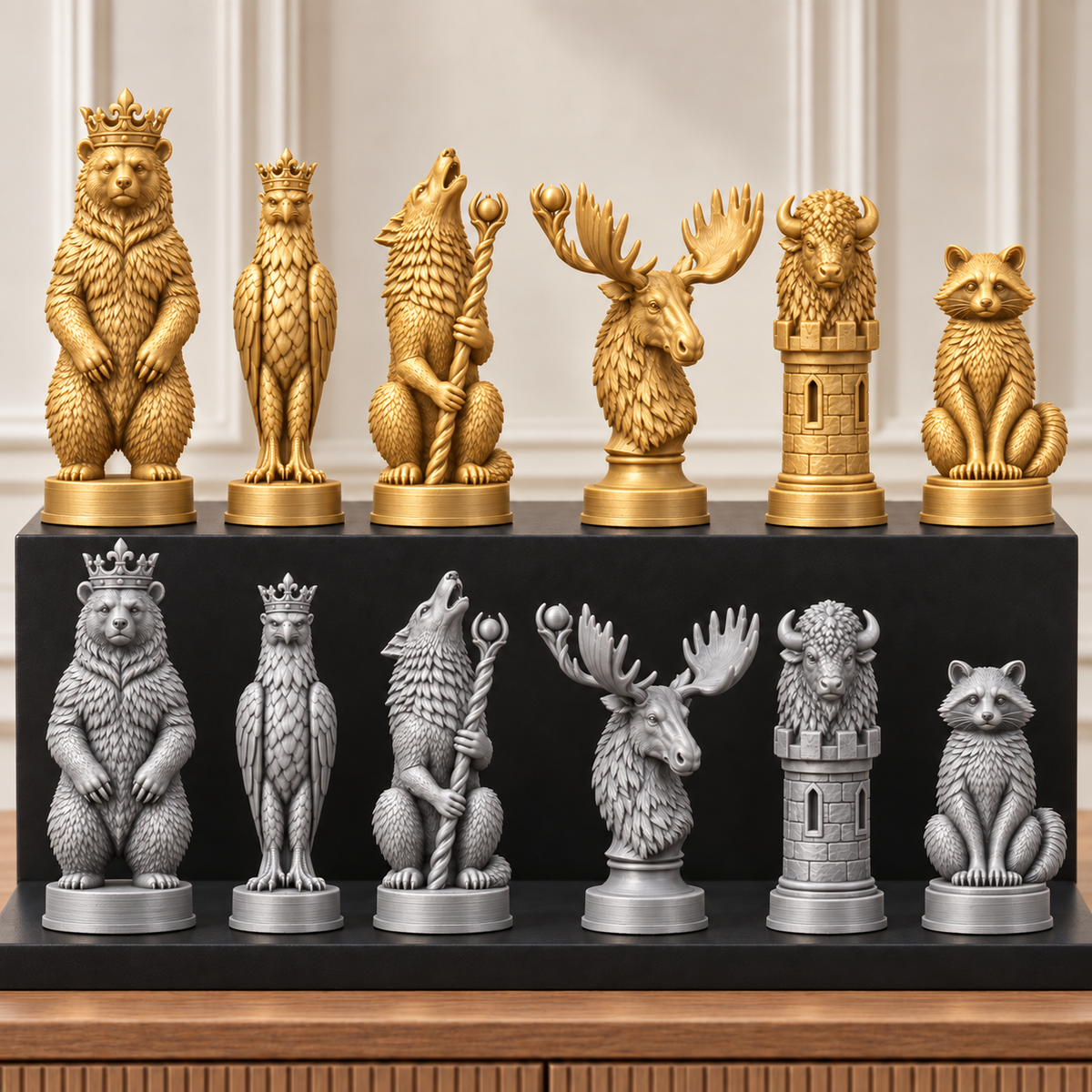 Nordamerikanische Wildtiere – thematisches Schachfigurenset mit 32 Figuren – Ansicht 4