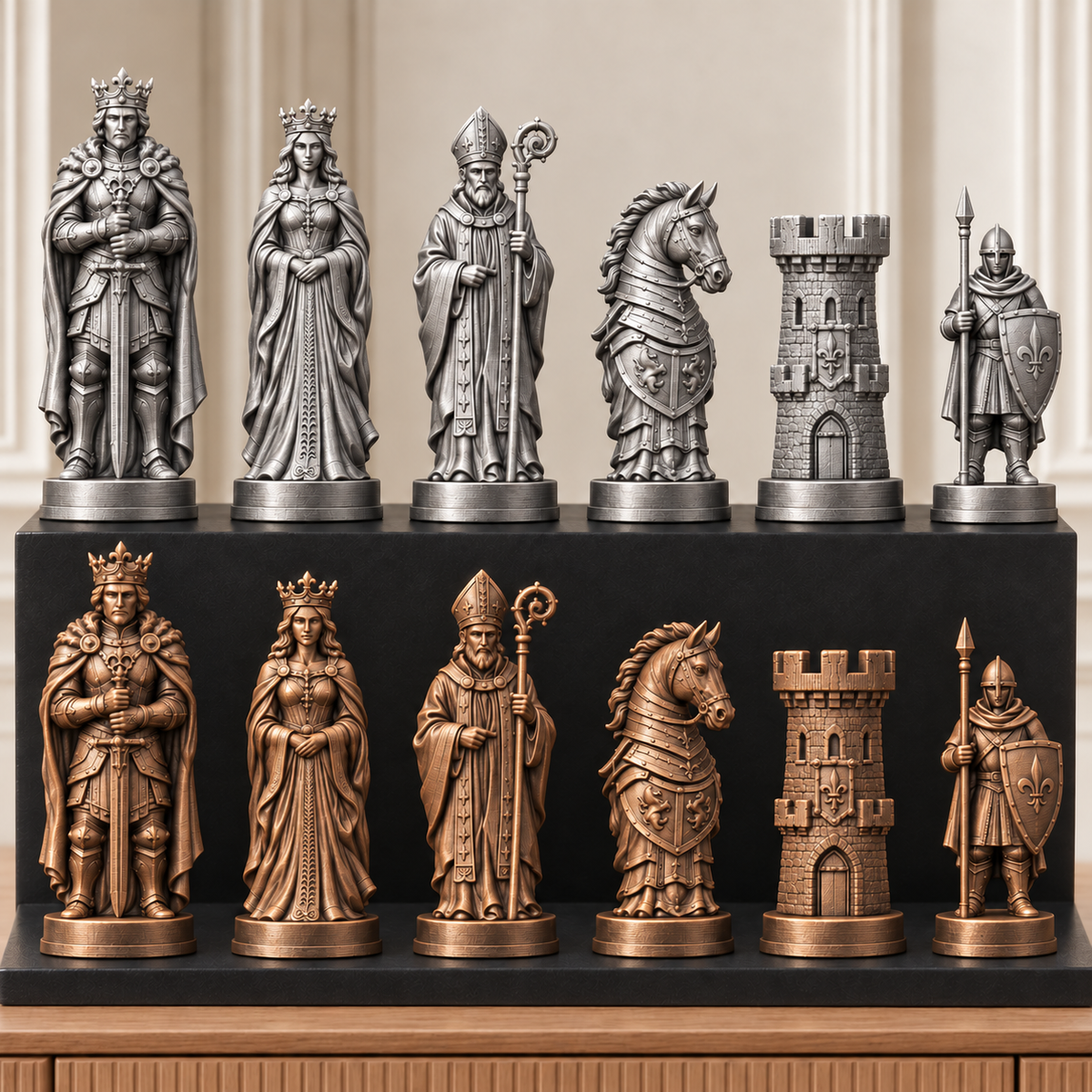 Mittelalterliche Ritter – thematisches Schachfigurenset mit 32 Figuren – Ansicht 3