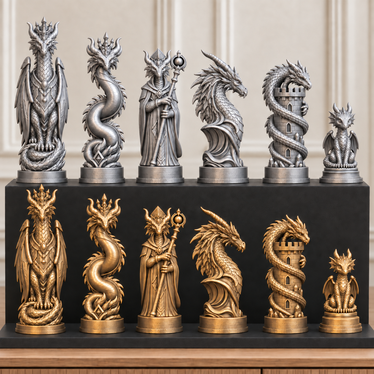 Drachen-Dynastie – thematisches Schachfigurenset mit 32 Figuren – Ansicht 2