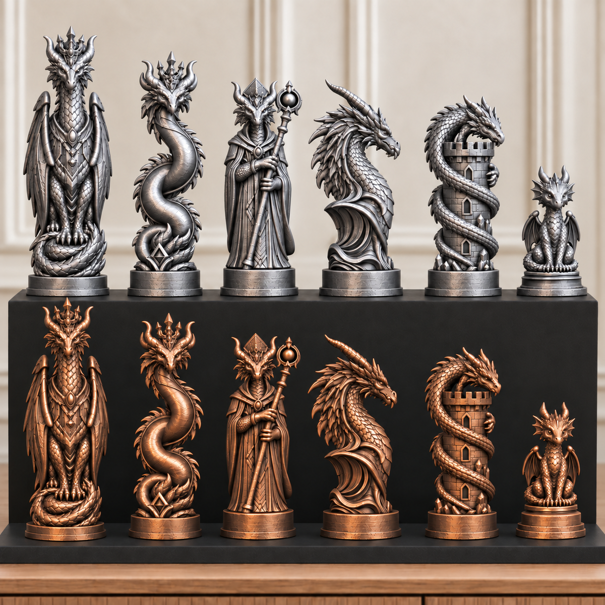 Drachen-Dynastie – thematisches Schachfigurenset mit 32 Figuren – Ansicht 3