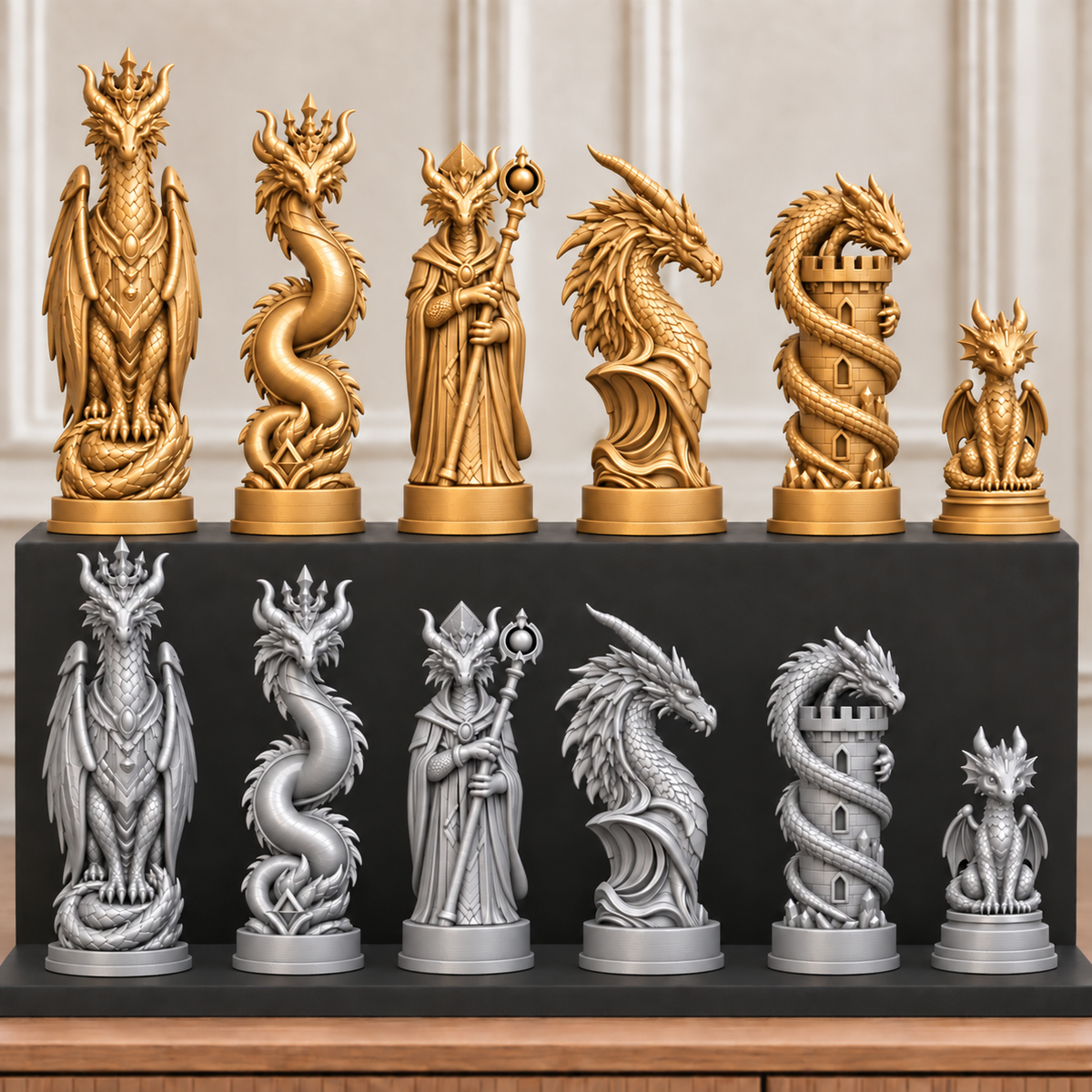 Drachen-Dynastie – thematisches Schachfigurenset mit 32 Figuren – Ansicht 4