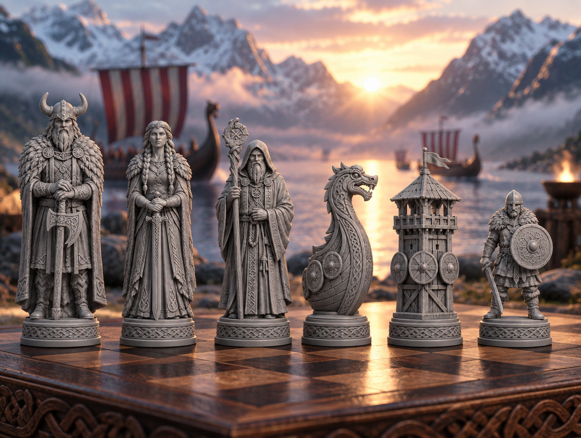 Wikinger – thematisches Schachfigurenset mit 32 Figuren – Ansicht 1