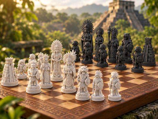 Azteken – thematisches Schachfigurenset mit 32 Figuren – Ansicht 1