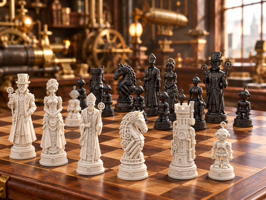 Steampunk – thematisches Schachfigurenset mit 32 Figuren – Ansicht 1