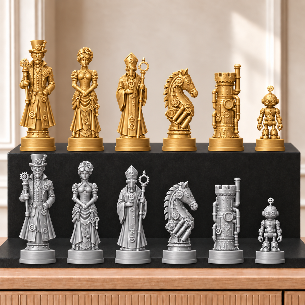 Steampunk – thematisches Schachfigurenset mit 32 Figuren – Ansicht 4