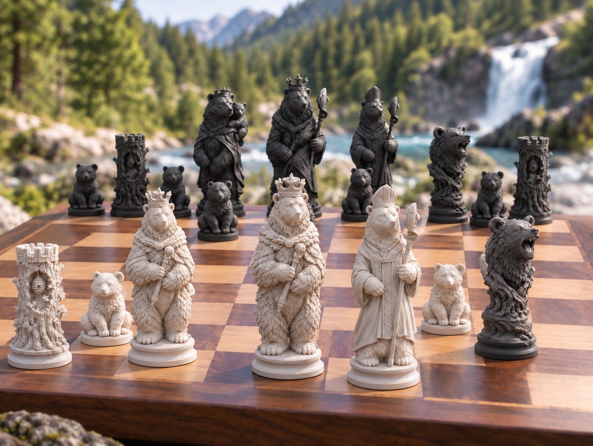 Bären – thematisches Schachfigurenset mit 32 Figuren – Ansicht 1