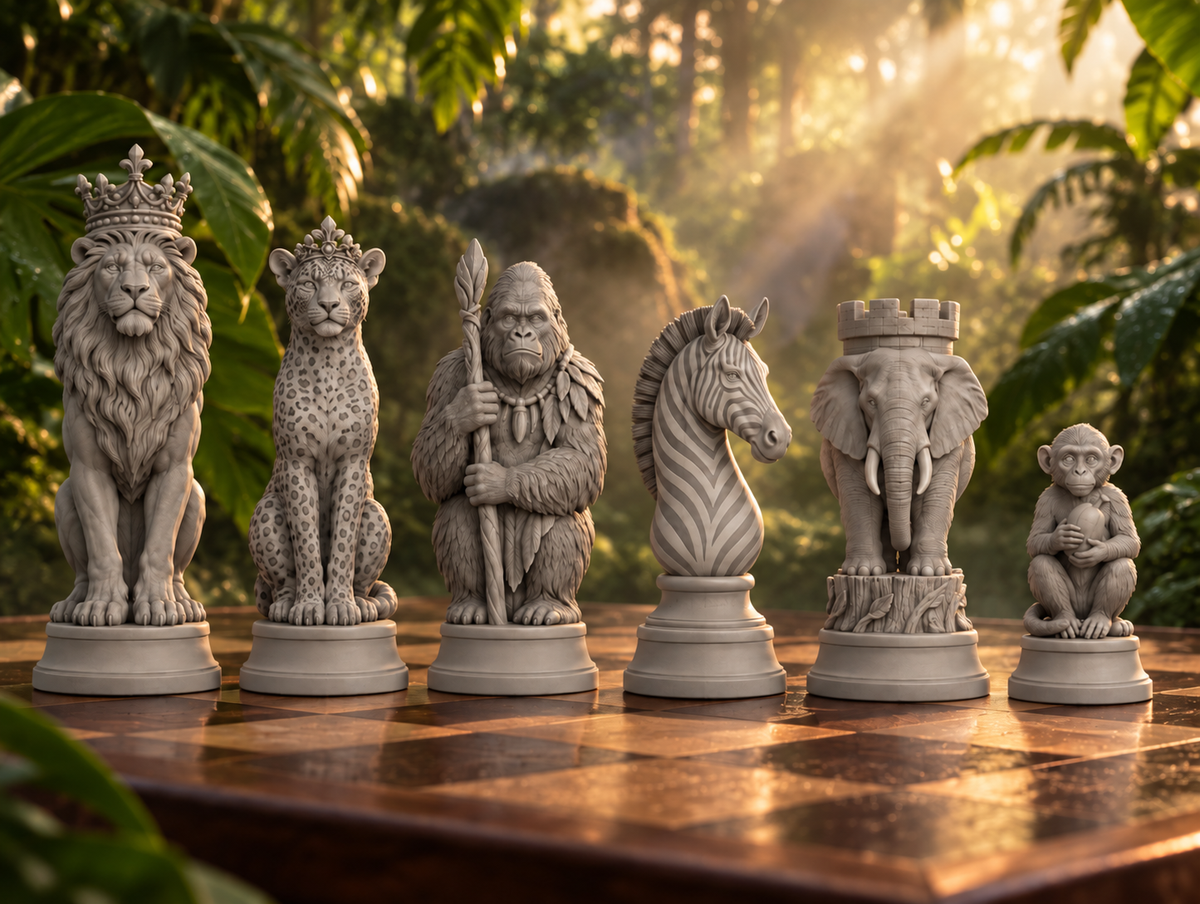 Dschungeltiere – thematisches Schachfigurenset mit 32 Figuren – Ansicht 1
