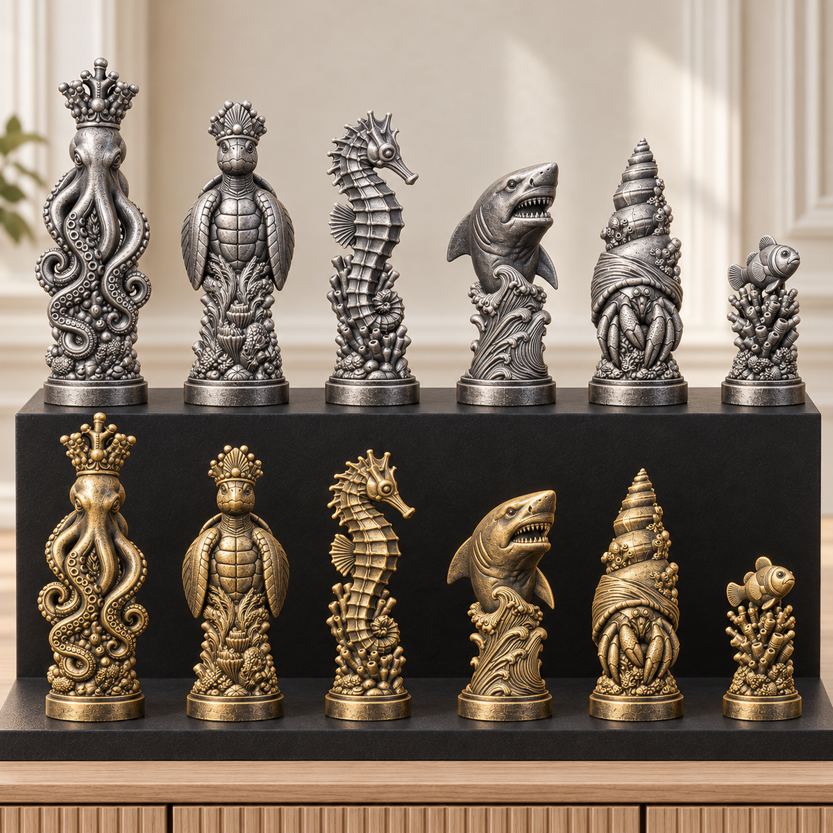 Meerestiere – thematisches Schachfigurenset mit 32 Figuren – Ansicht 2