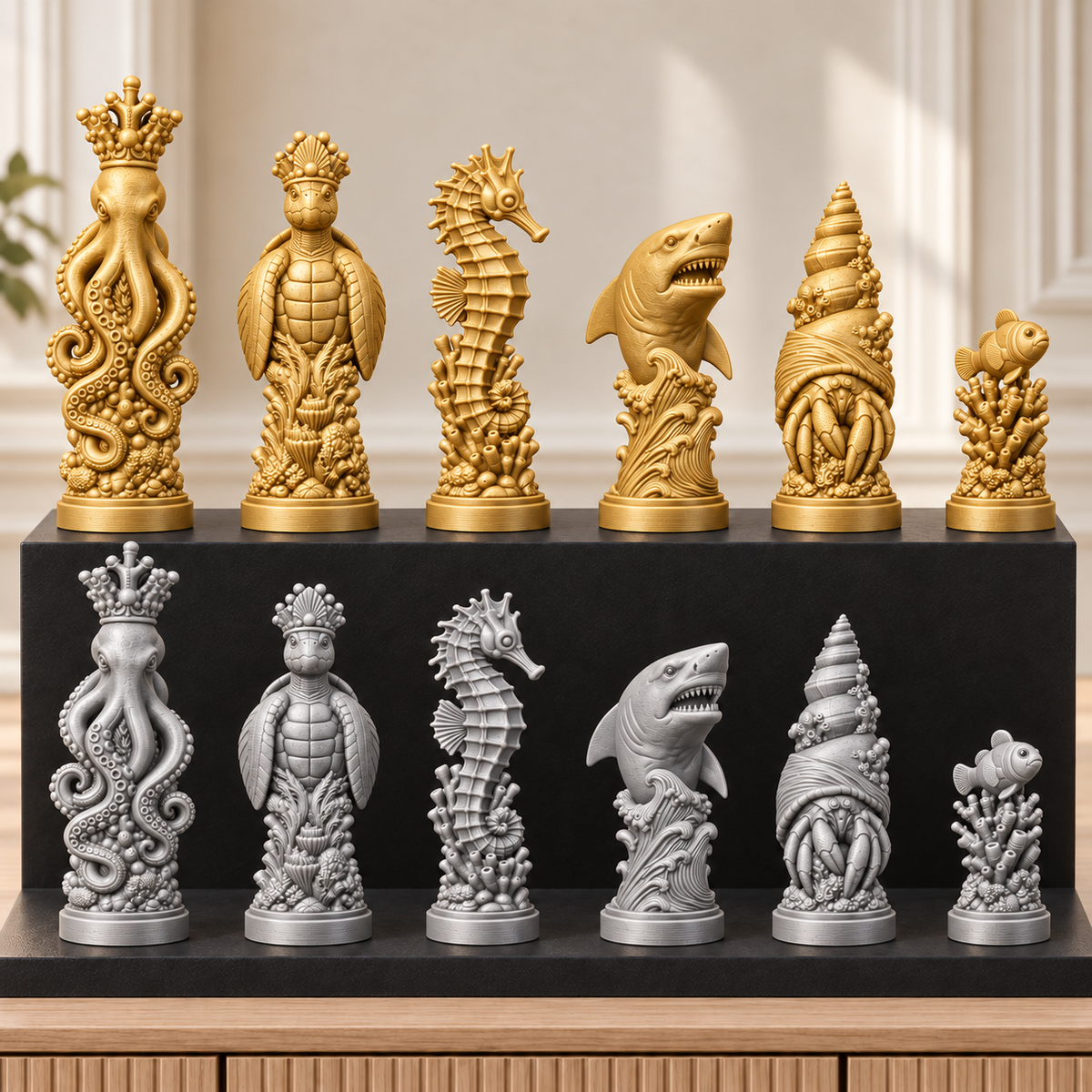 Meerestiere – thematisches Schachfigurenset mit 32 Figuren – Ansicht 4