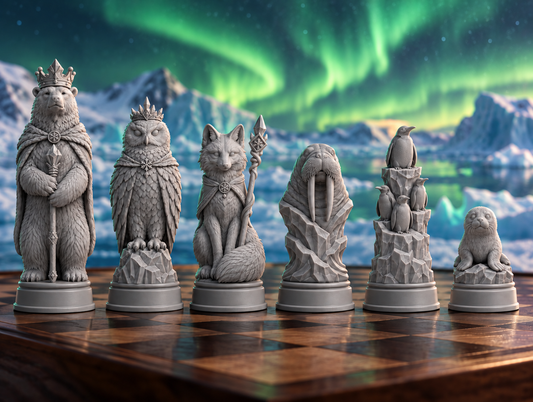 Arktische Tiere – thematisches Schachfigurenset mit 32 Figuren – Ansicht 1