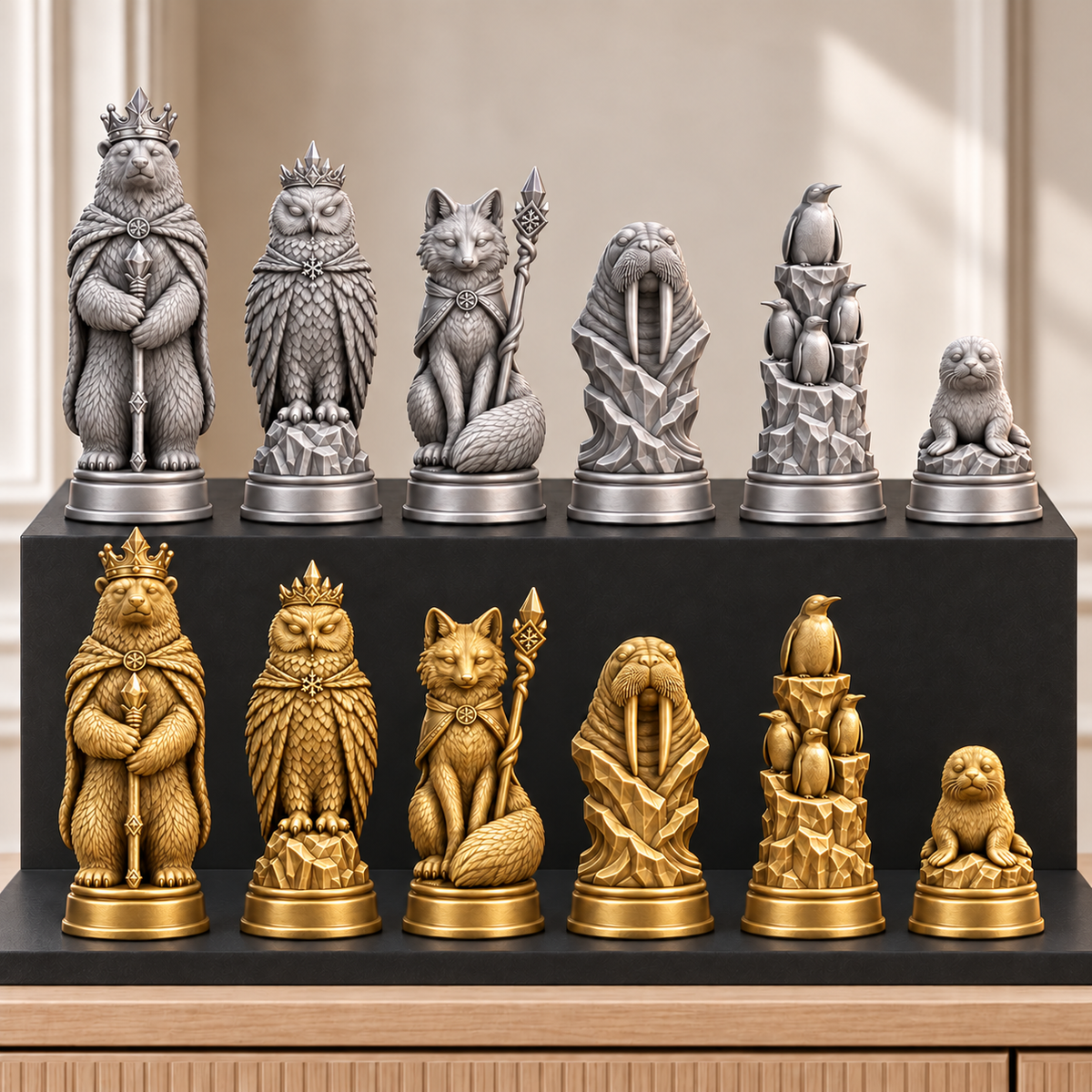 Arktische Tiere – thematisches Schachfigurenset mit 32 Figuren – Ansicht 2
