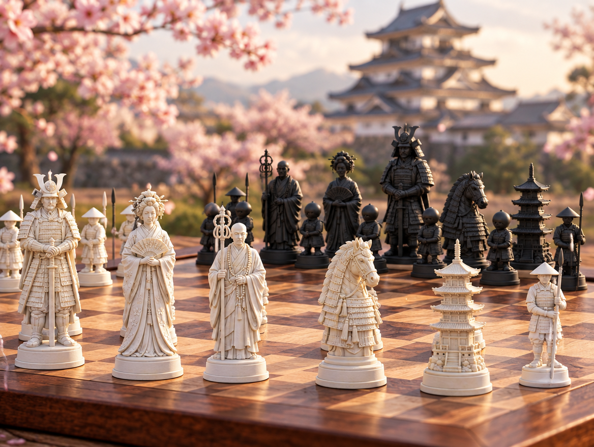 Samurai – thematisches Schachfigurenset mit 32 Figuren – Ansicht 1