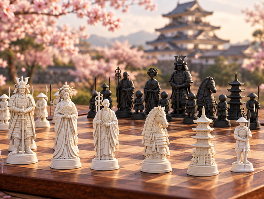 Samurai – thematisches Schachfigurenset mit 32 Figuren – Ansicht 1