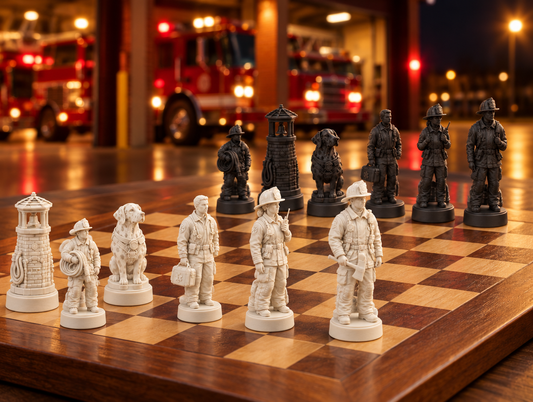 Feuerwehr – thematisches Schachfigurenset mit 32 Figuren – Ansicht 1