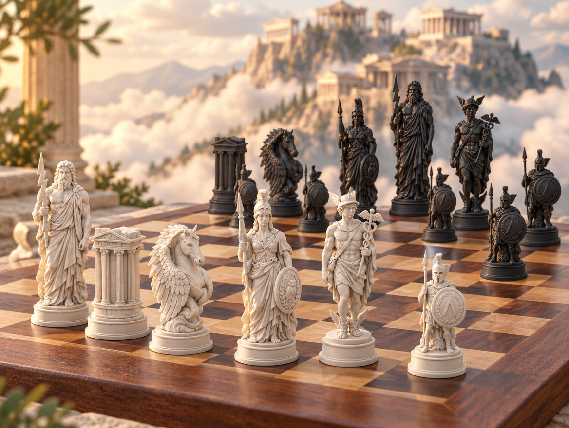 Griechische Götter – thematisches Schachfigurenset mit 32 Figuren – Ansicht 1