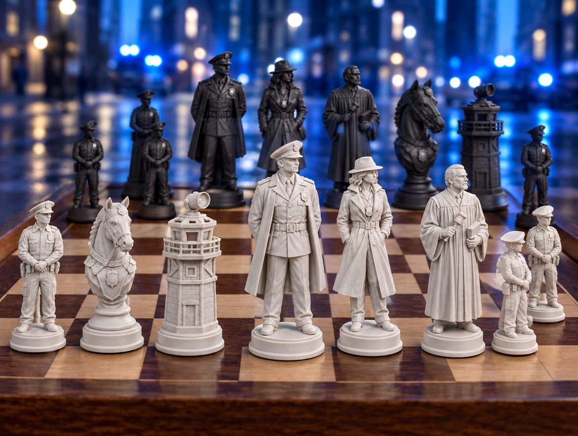 Polizei – thematisches Schachfigurenset mit 32 Figuren – Ansicht 1