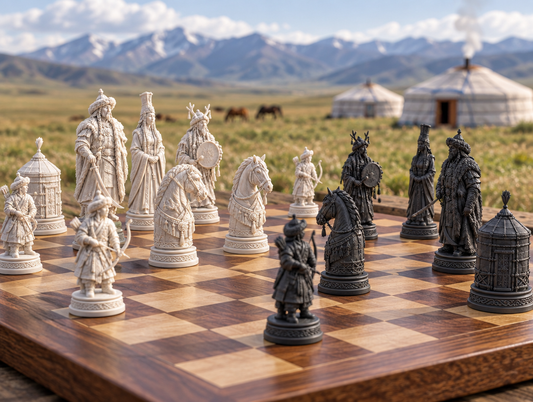 Mongolen – thematisches Schachfigurenset mit 32 Figuren – Ansicht 1