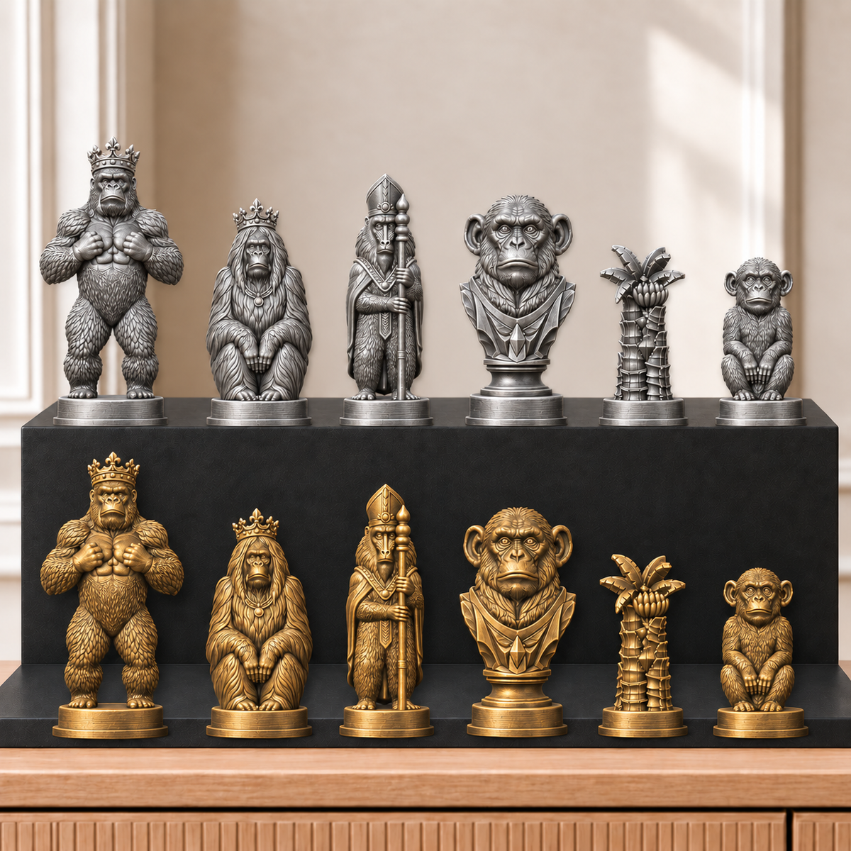 Affen – thematisches Schachfigurenset mit 32 Figuren – Ansicht 2
