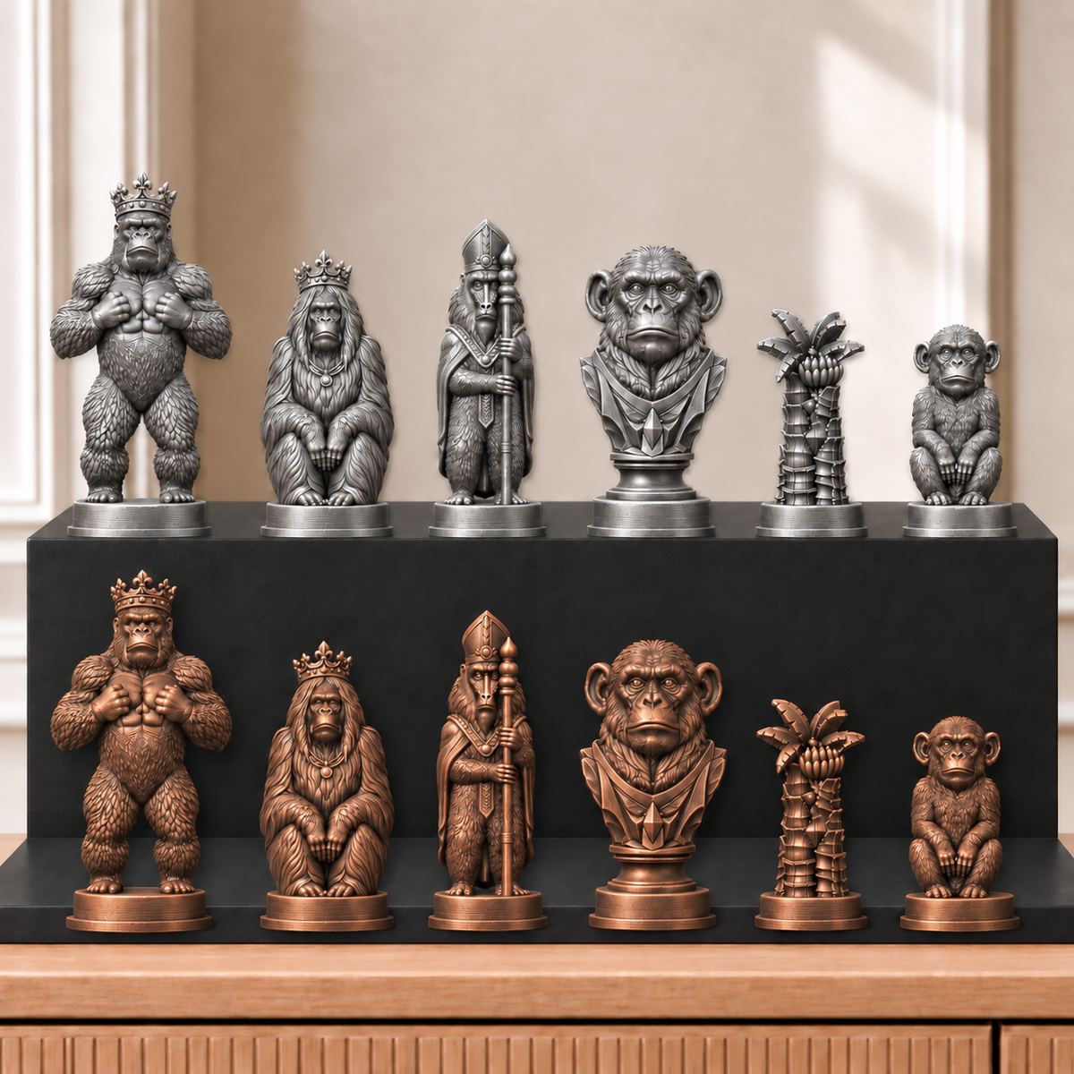 Affen – thematisches Schachfigurenset mit 32 Figuren – Ansicht 3