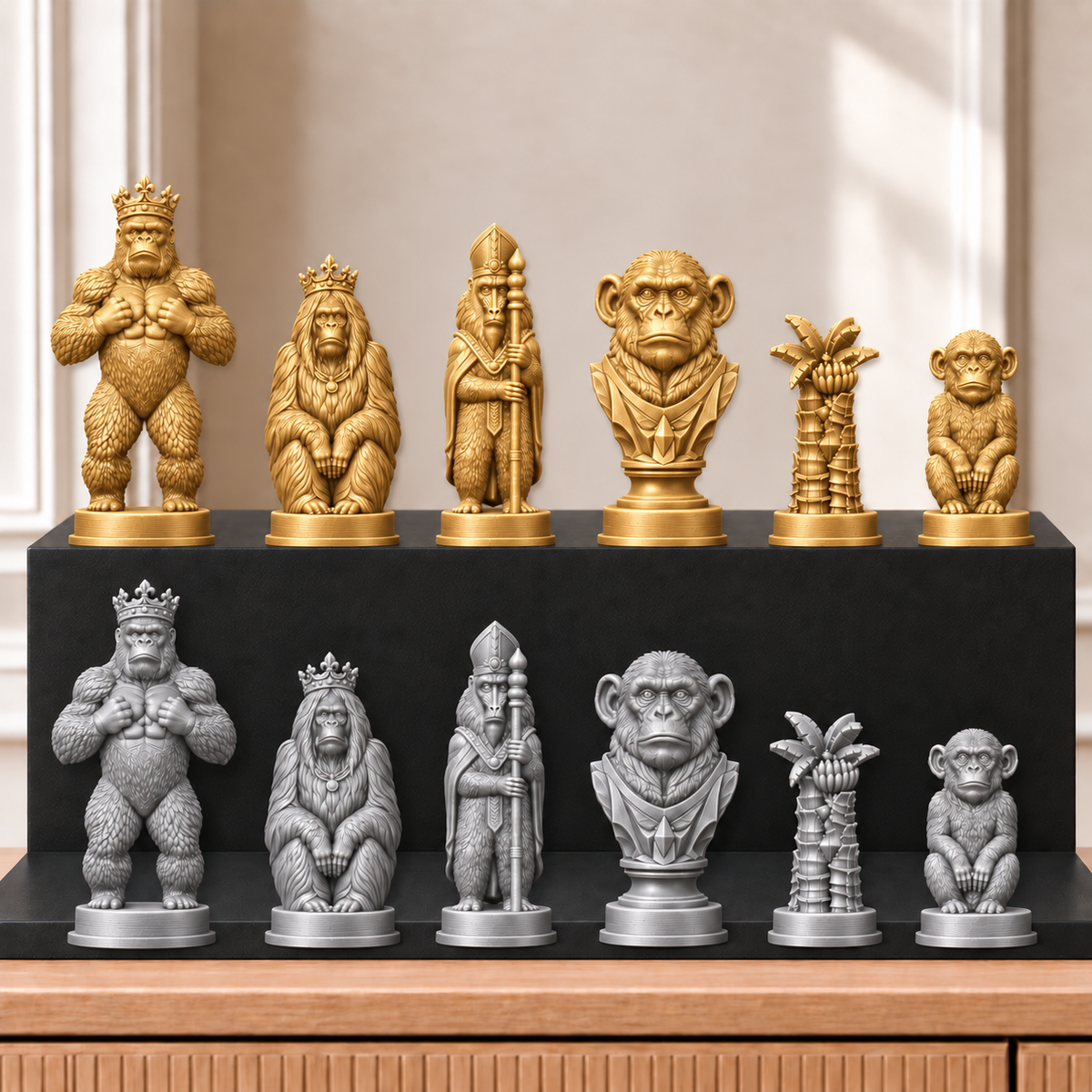 Affen – thematisches Schachfigurenset mit 32 Figuren – Ansicht 4