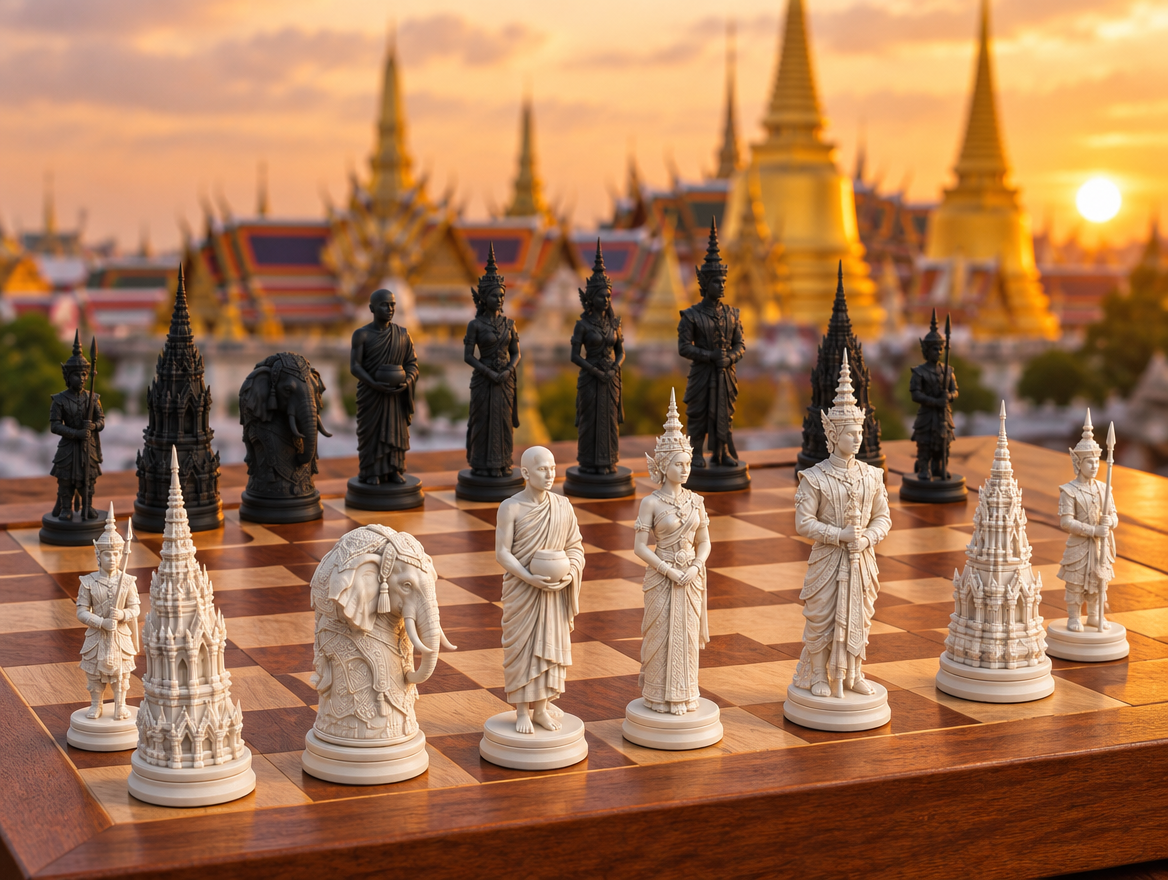 Siam – thematisches Schachfigurenset mit 32 Figuren – Ansicht 1