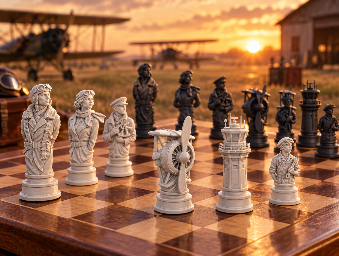 Flugzeuge – thematisches Schachfigurenset mit 32 Figuren – Ansicht 1