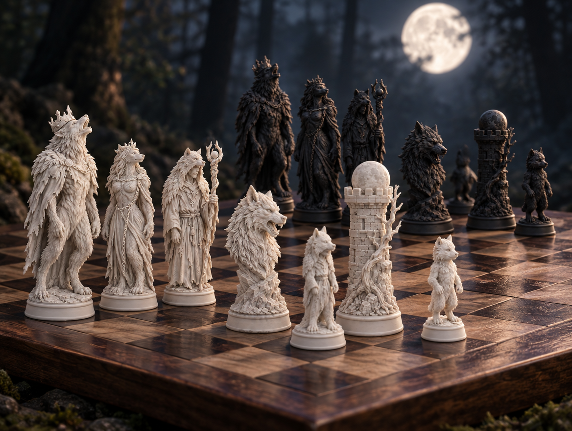 Werwölfe – thematisches Schachfigurenset mit 32 Figuren – Ansicht 1