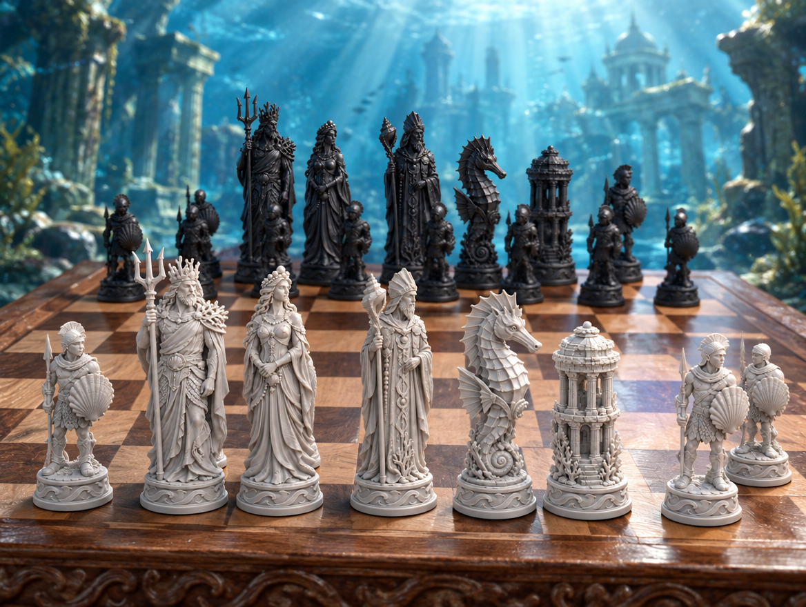 Atlantis – thematisches Schachfigurenset mit 32 Figuren – Ansicht 1