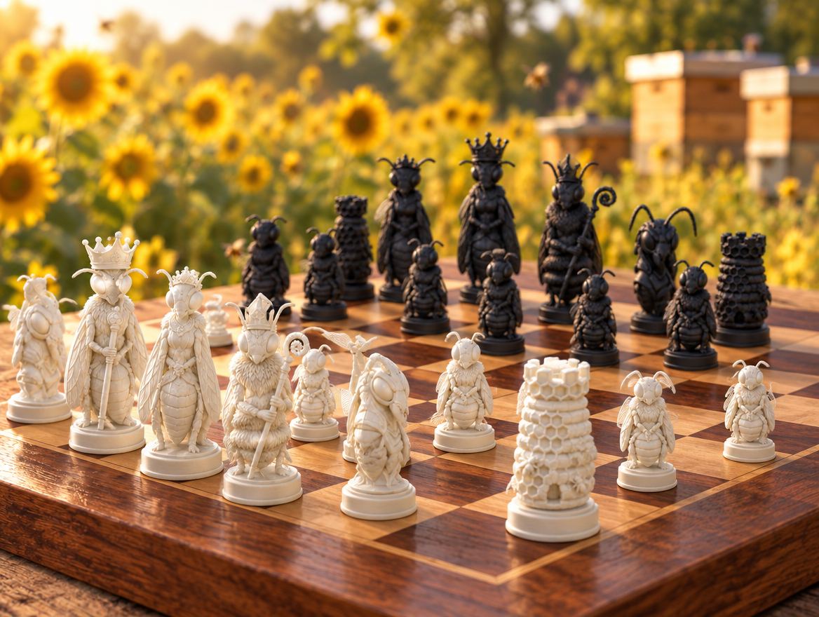 Bienen – thematisches Schachfigurenset mit 32 Figuren – Ansicht 1