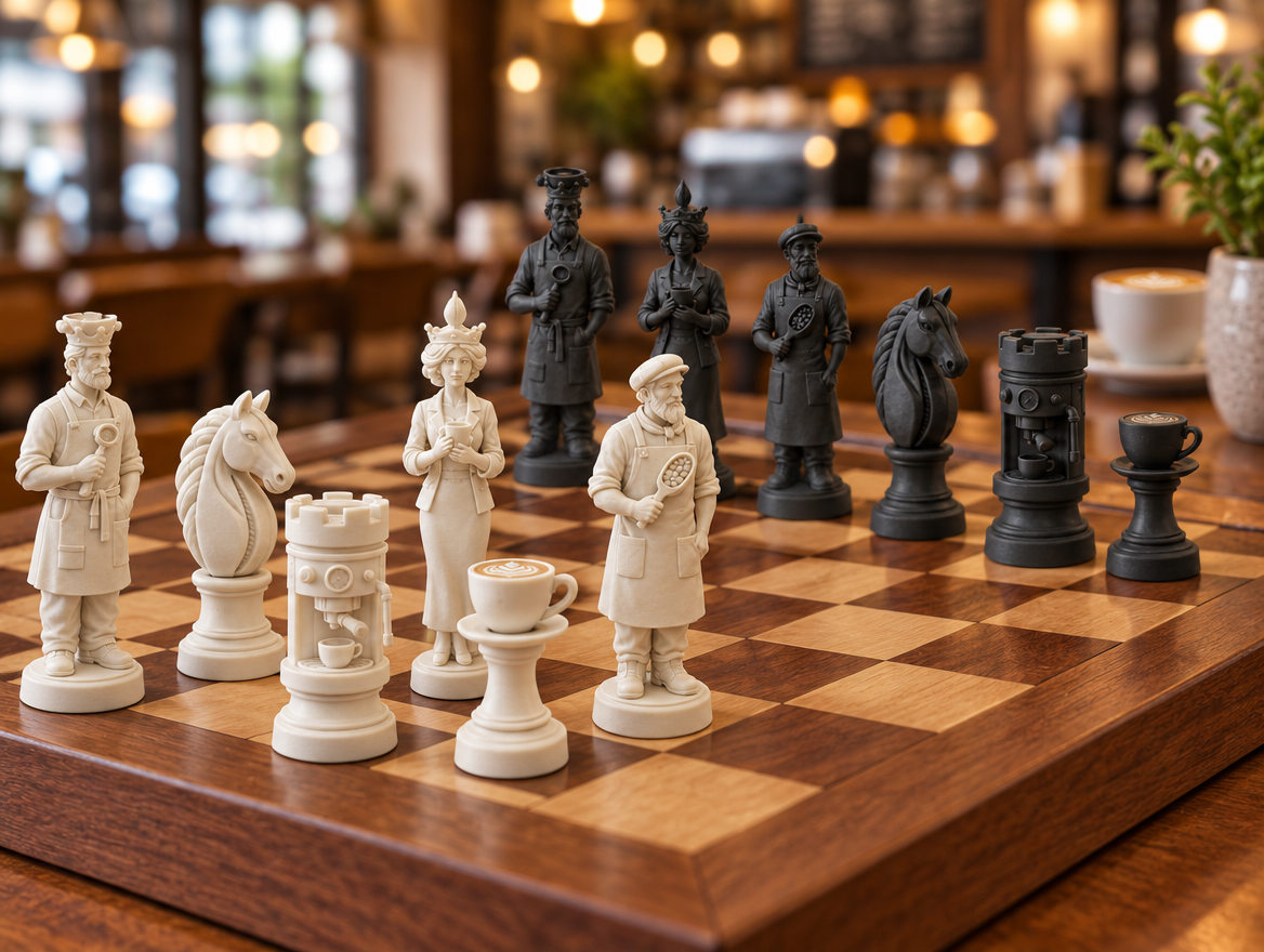 Kaffee – thematisches Schachfigurenset mit 32 Figuren – Ansicht 1